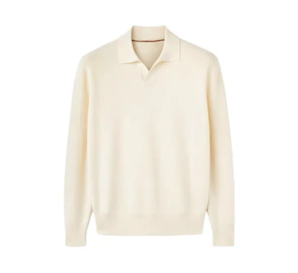 Pure wool lapel collar polo sweater in loose fit pullover style, available in Milky White or Navy Blue