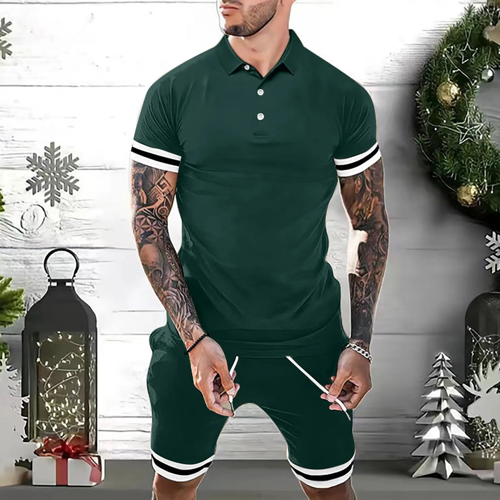 Men's polyester casual short set with polo shirt and shorts in navy blue, shown flat on a white background