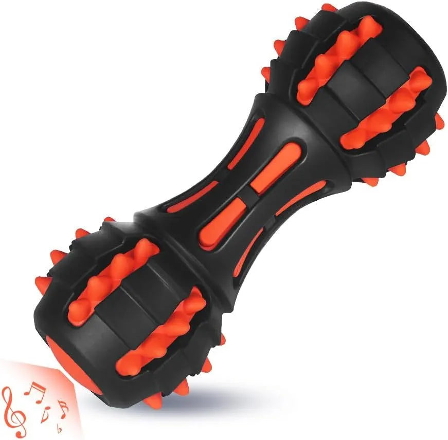 Red dumbbell-shaped rubber dog chew toy for medium and large breeds.