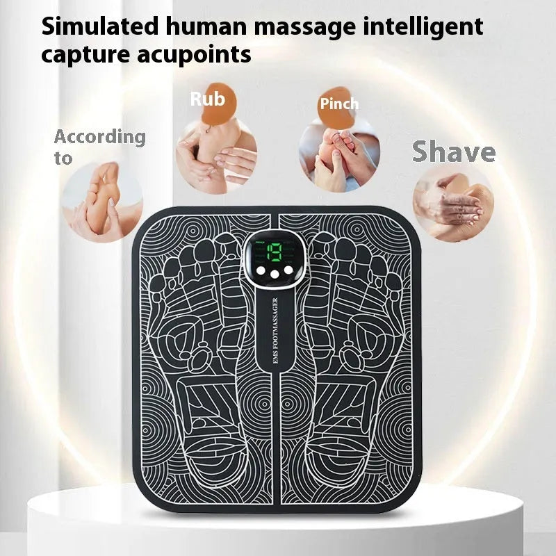 Blue reflexology foot massager mat with USB charging cable and remote control