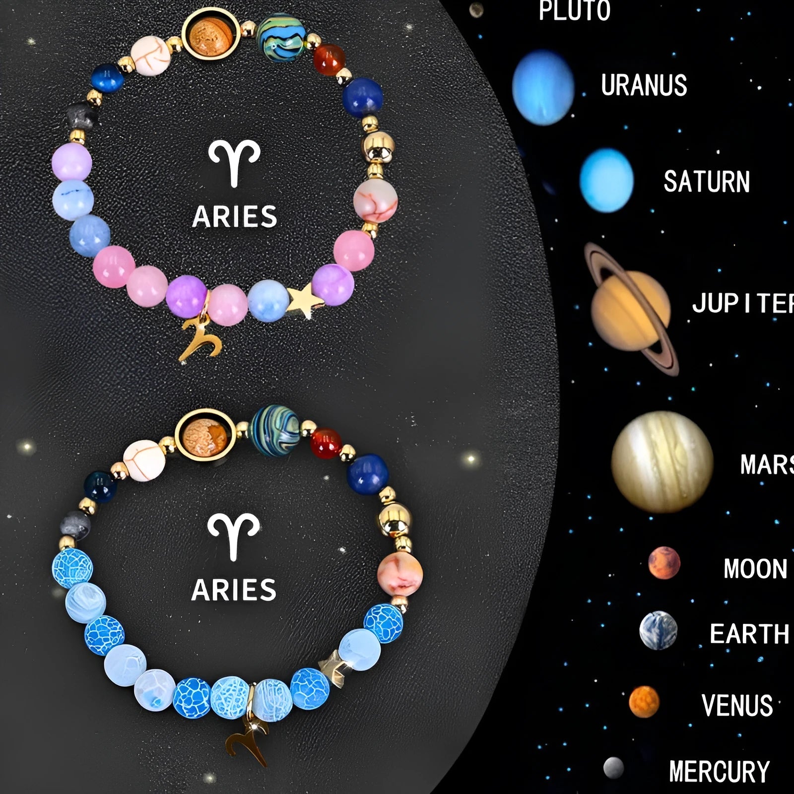 Set of twelve natural stone beaded bracelets, each with a different zodiac sign charm.