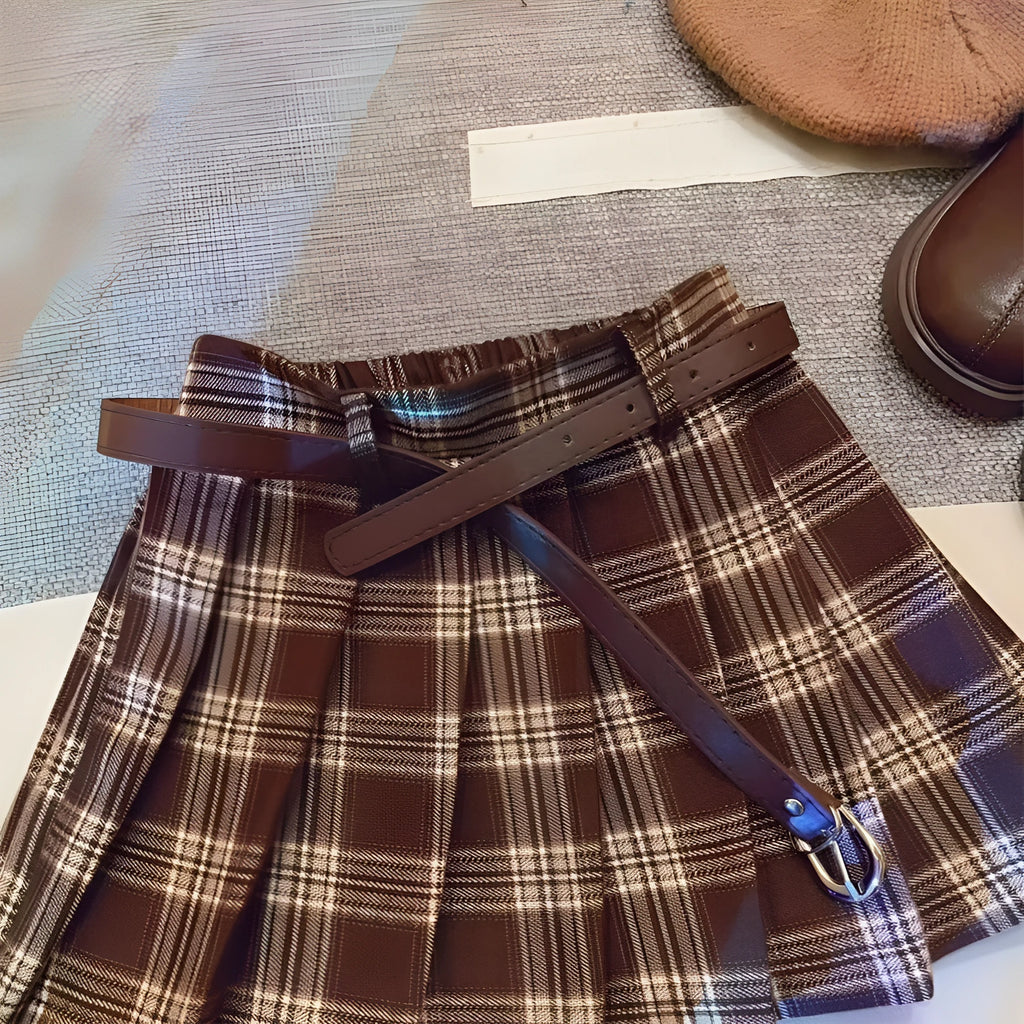 Girls plaid pleated A-line skirt in cotton blend fabric shown in casual setting