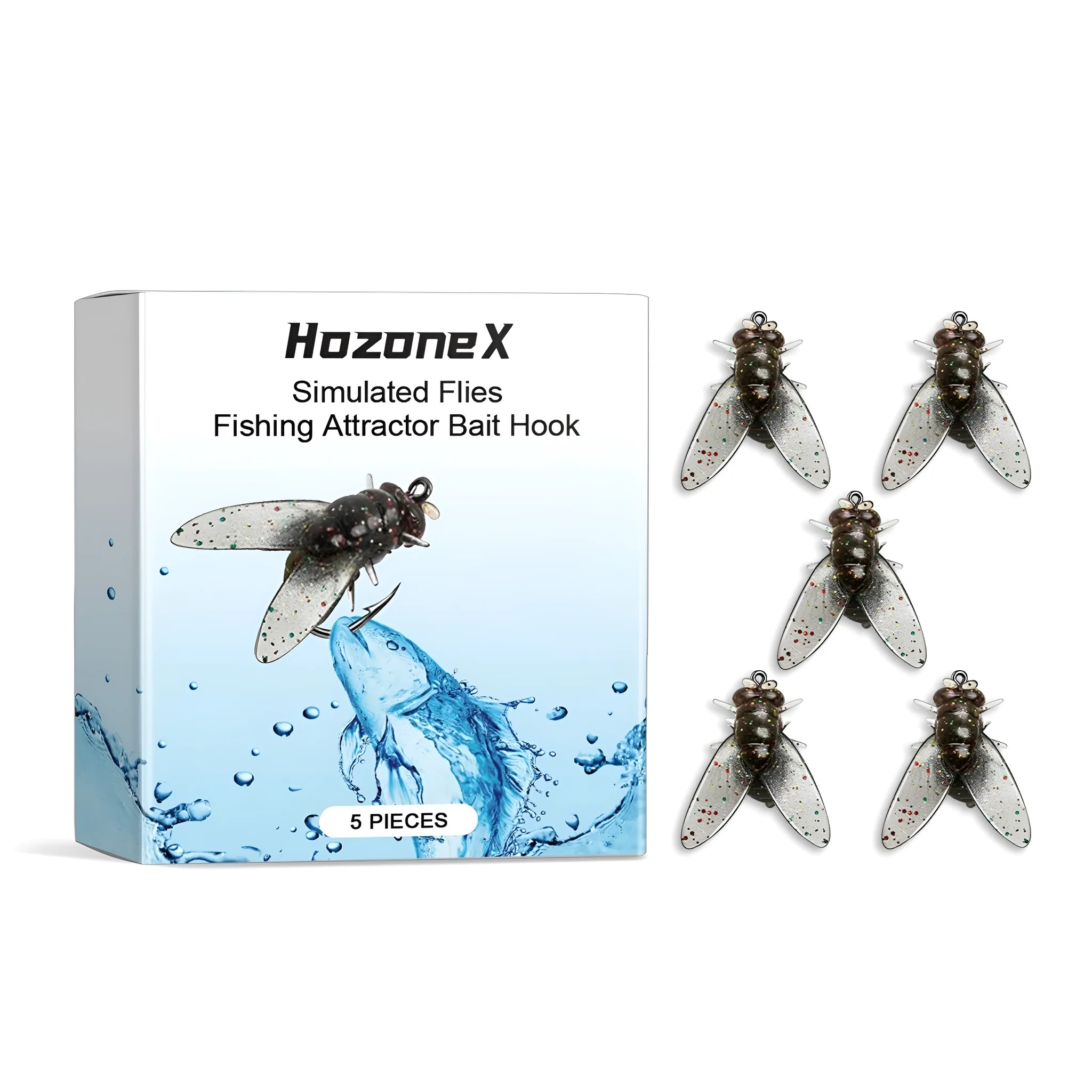 Five small 1.5cm silicone insect fishing lures in a plastic storage box.