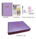 Purple coil-bound financial planning notebook with budgeting stickers and paper clips for monthly expense tracking
