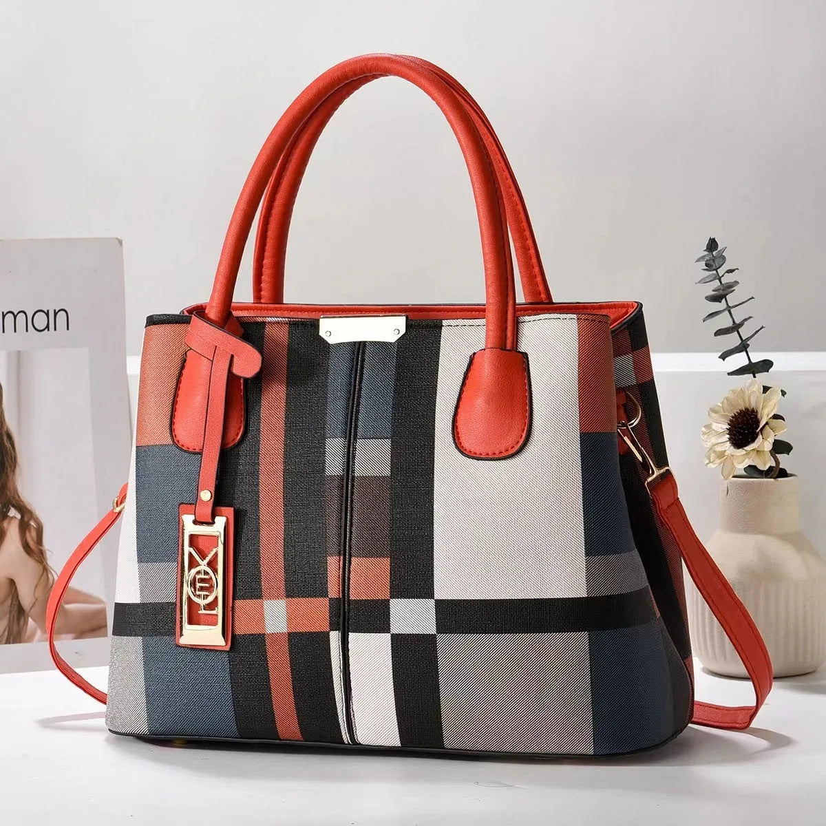 Soft PU fashion handbag with leather shoulder strap in horizontal square shape