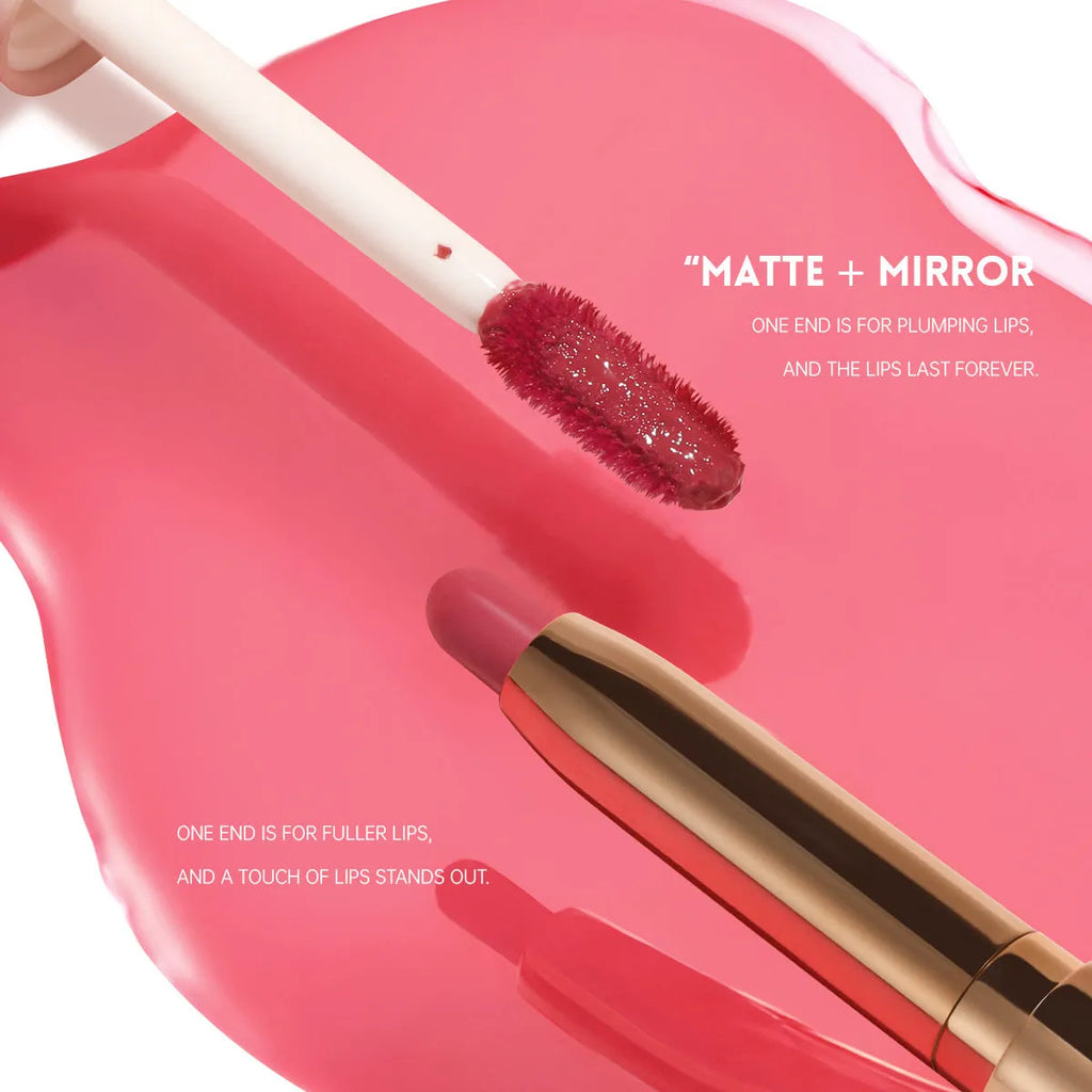 Double-headed matte lipstick and lip gloss cosmetic stick in one of ten available colours.