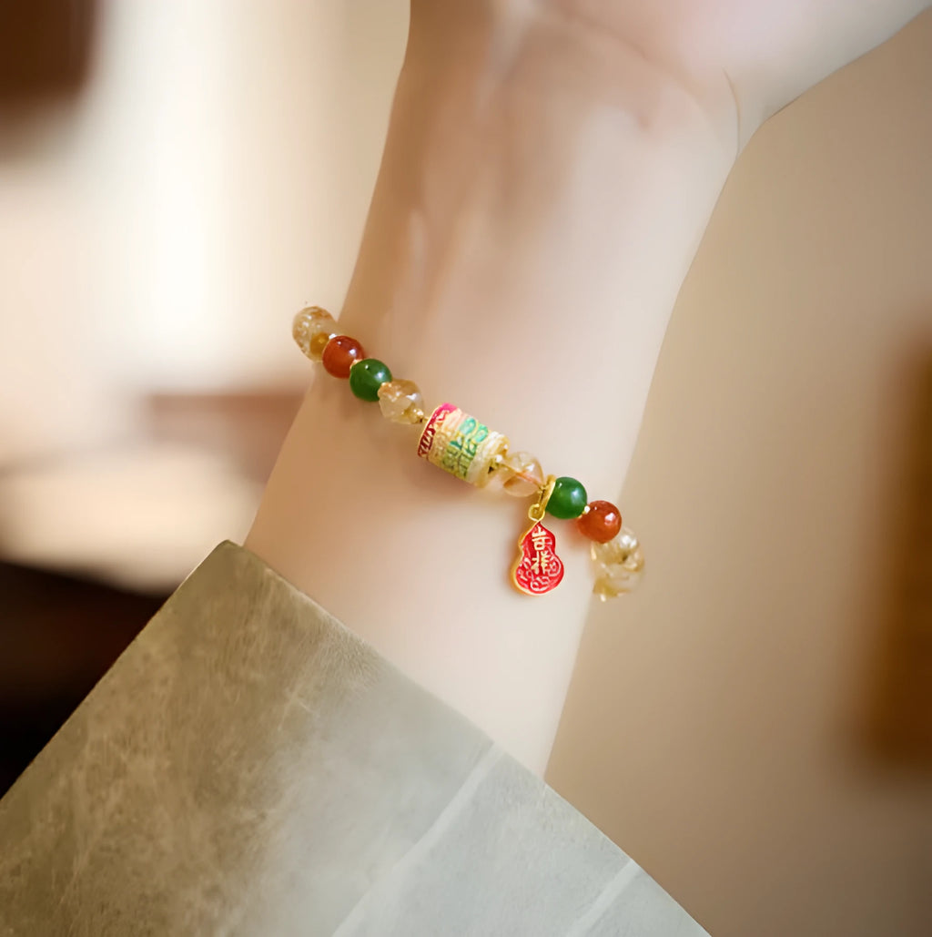 Hand-woven citrine five sutra bracelet with 6mm stones and geometric design