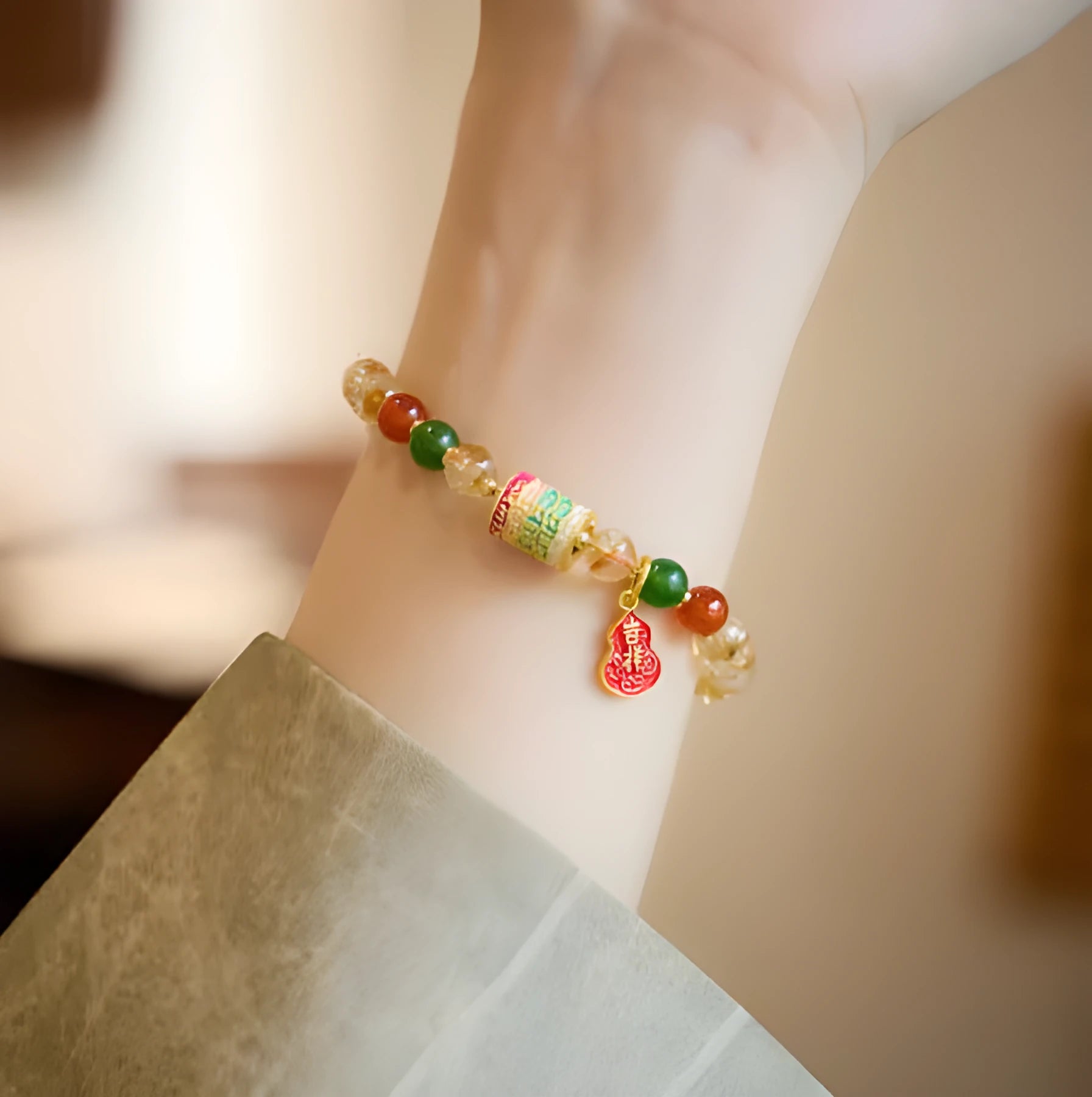 Hand-woven citrine five sutra bracelet with 6mm stones and geometric design