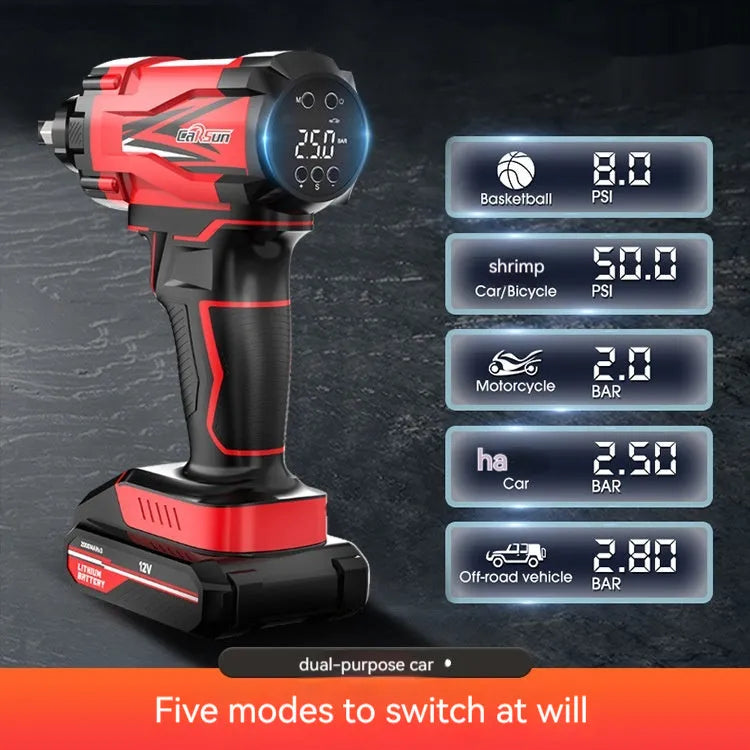 Red and black portable wireless car air pump with battery, power cable, and sports ball adapters