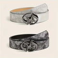 Women's wide retro belt with oval buckle in earth tone grey white colour