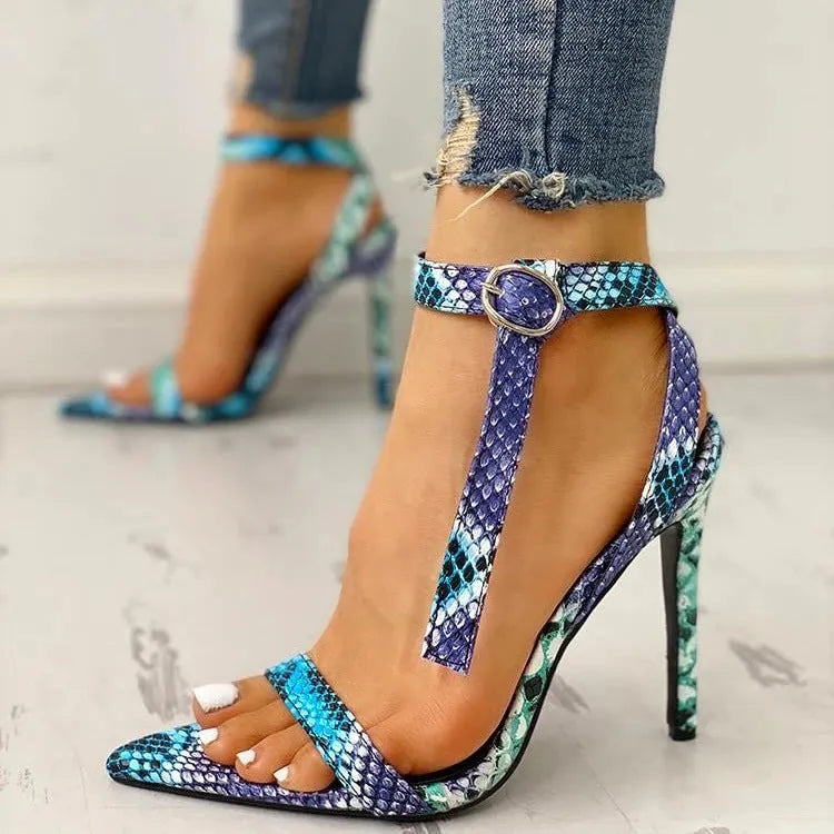 Blue women's high heels with buckle fastening and hollow-out design in European large sizes