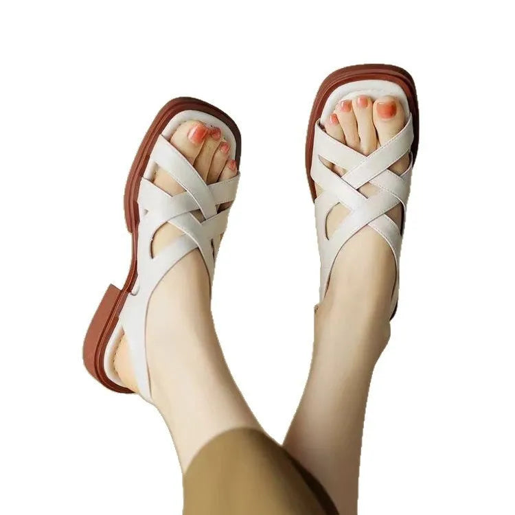 Women's patent leather square toe beach sandals in three colours with cross strap design