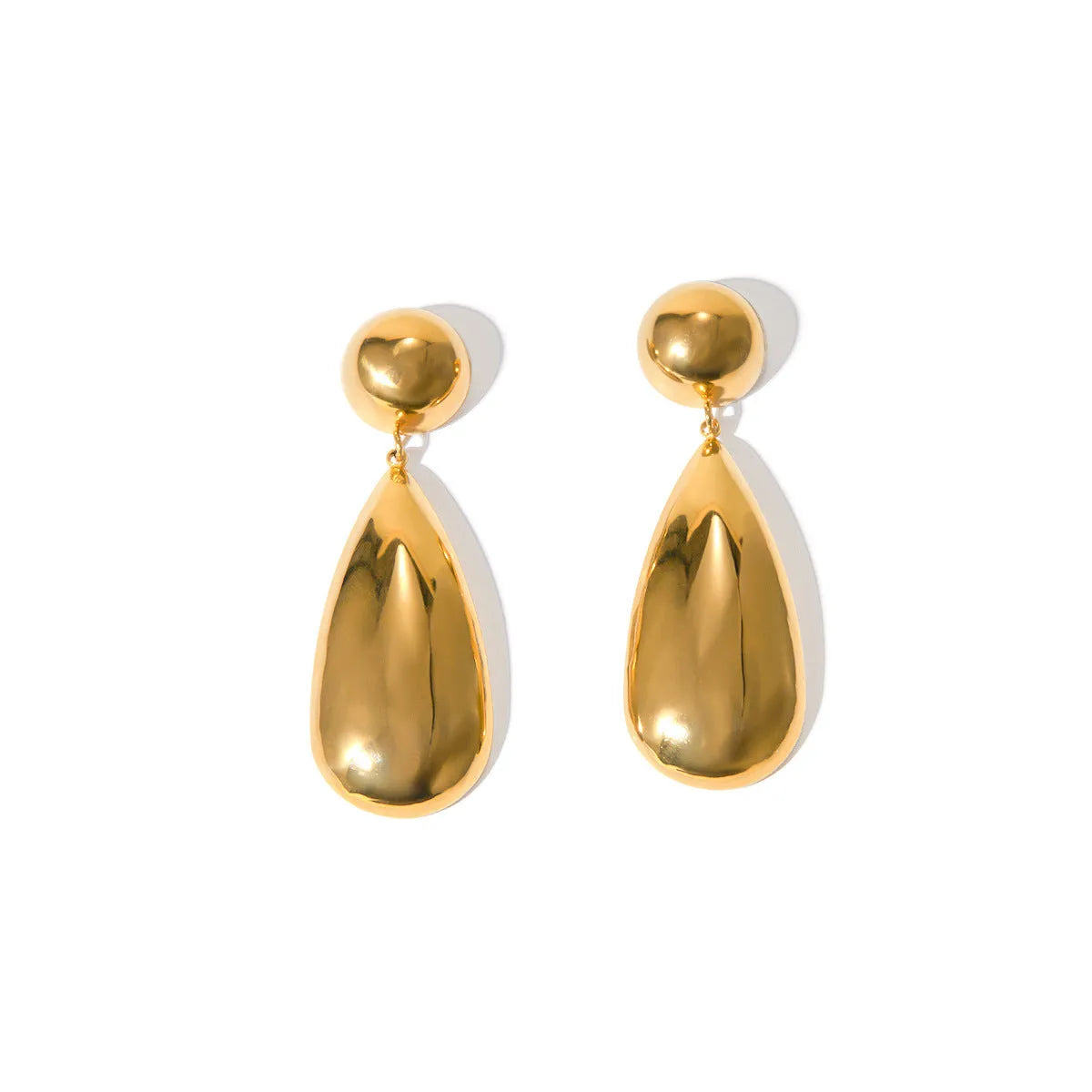 Geometric water drop stainless steel earrings with gold electroplated finish and hemisphere design details