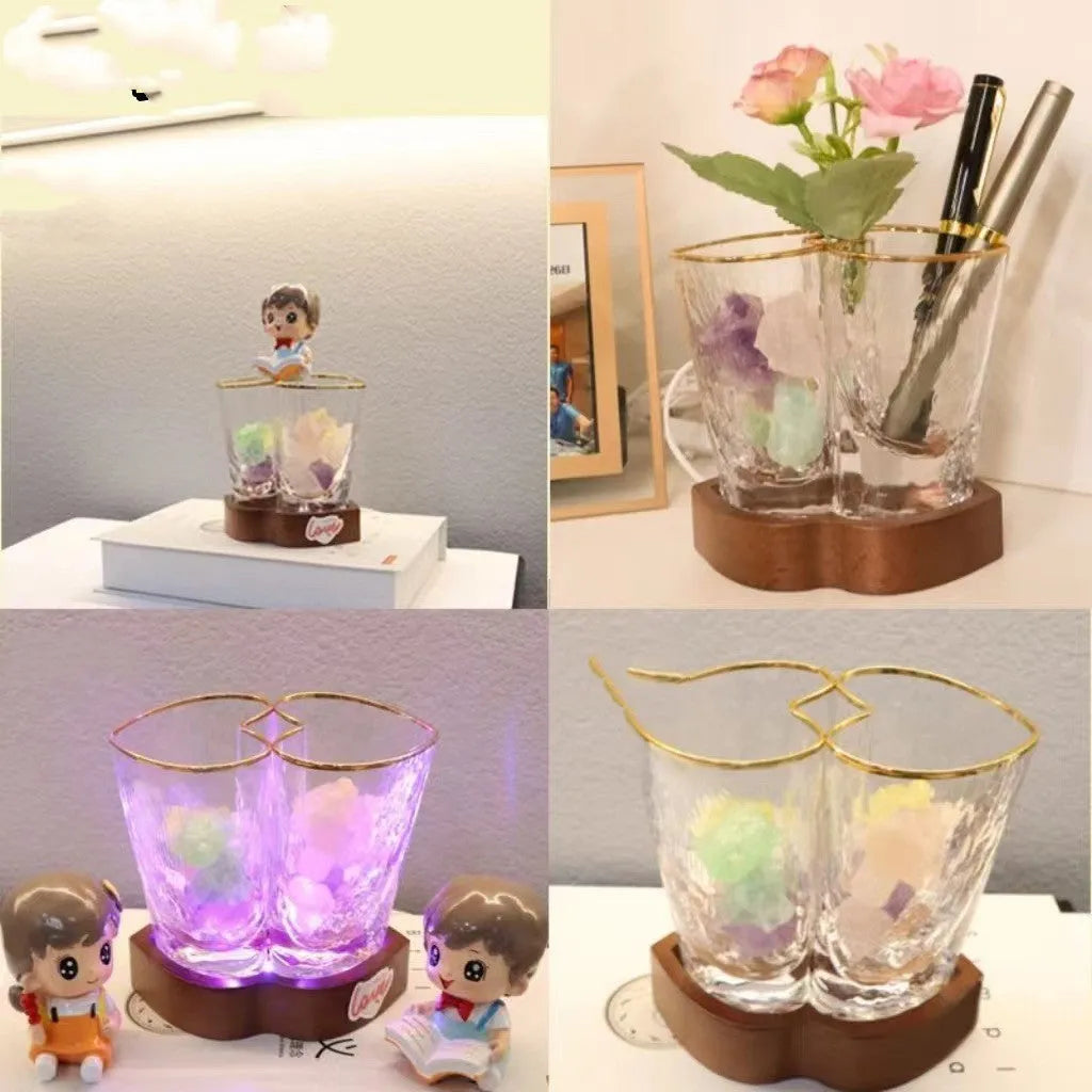 Transparent crystal glass aromatherapy night lamp on beech wood base with USB cable