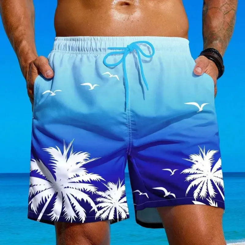 Man's ethnic style loose fit swimming trunks in a solid colour on a neutral background.