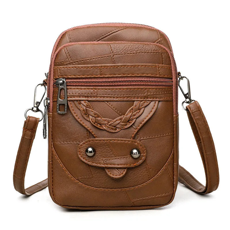 Soft PU leather mobile phone bag in brown with square vertical shape, weaving, rivets, and sandwich pocket