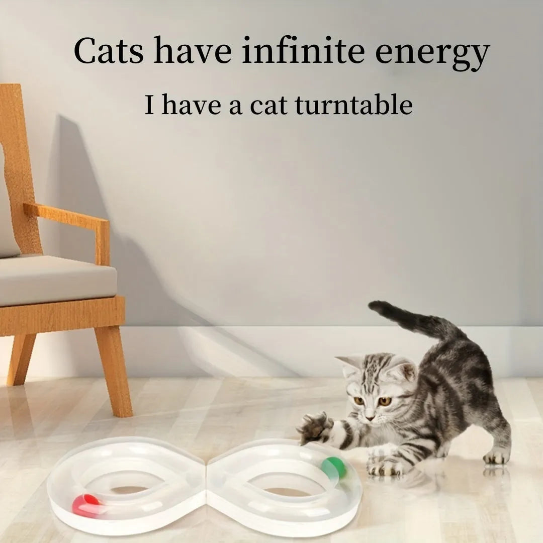 Blue and white interactive cat play station with turntable track, ball, and feather teaser stick.