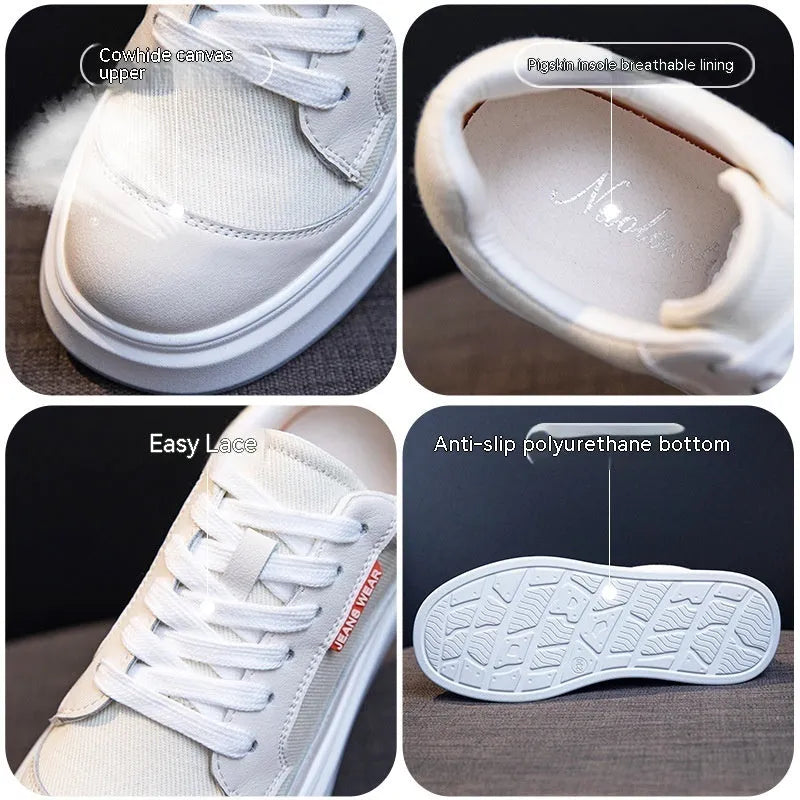 Women's beige leather board shoes with thick sole for height increase, showing cowhide leather upper and casual design