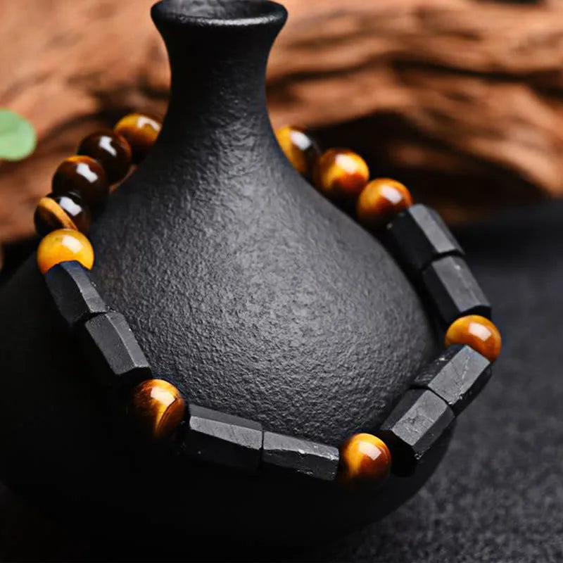 Natural obsidian single bead bracelet with 8mm diameter stone and retro constellation detailing on metal components