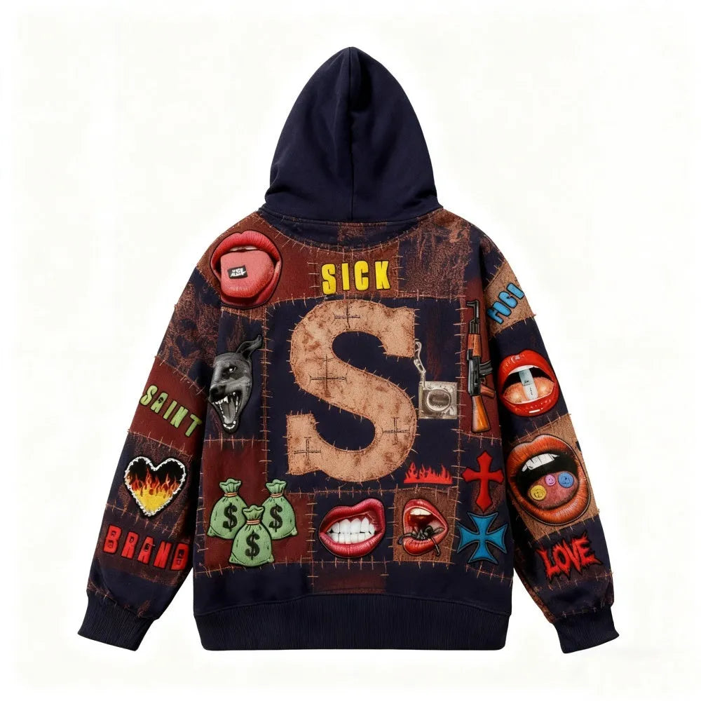 Men's printed long-sleeved hooded sweatshirt pullover in black, front view, sizes XS to 3XL