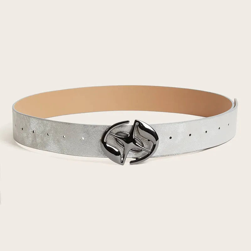 Women's wide retro belt with oval buckle in earth tone grey white colour