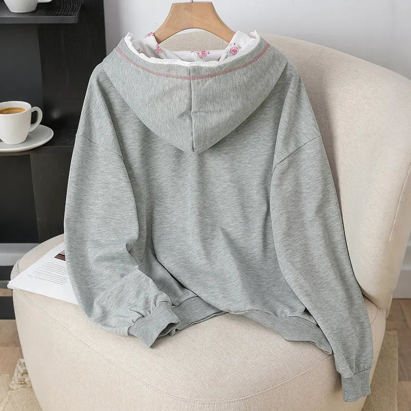 Gray color-block lace mid-length sweatshirt with long sleeves and casual patchwork design