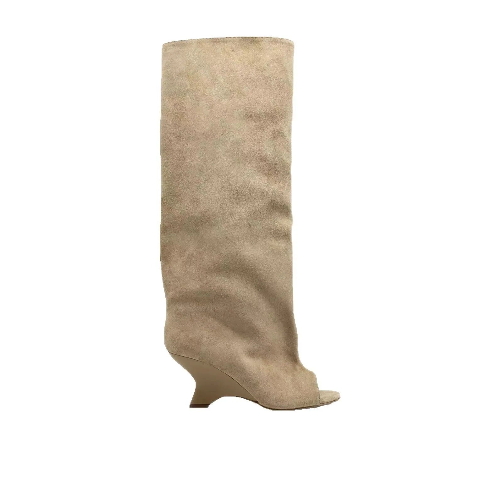 Women's peep toe wedge suede sandal boots in apricot, tassel detail, rubber sole