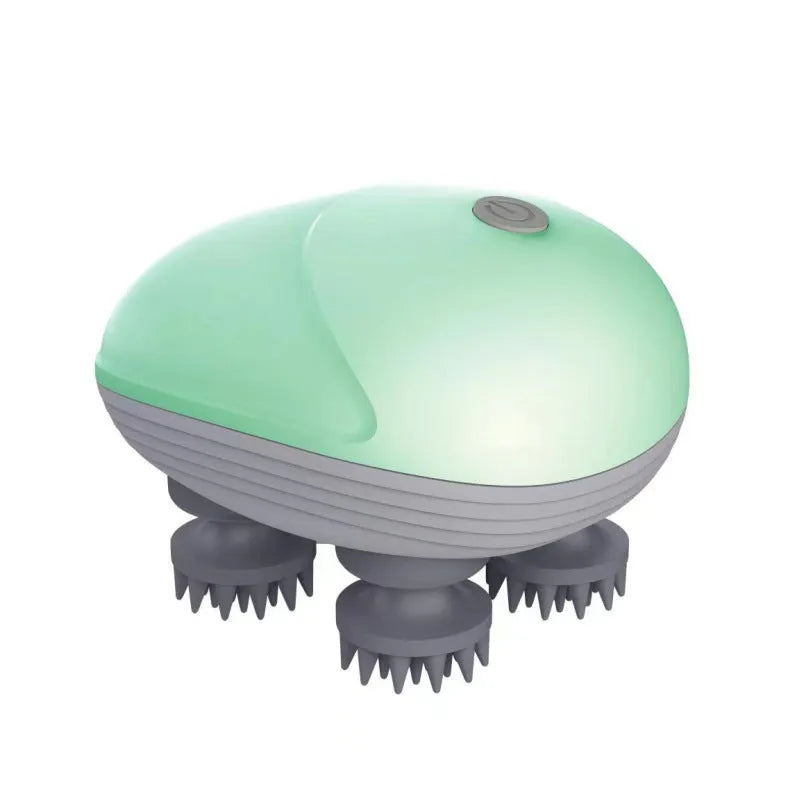 Blue electric pet massager with four rotating heads held in hand next to cat