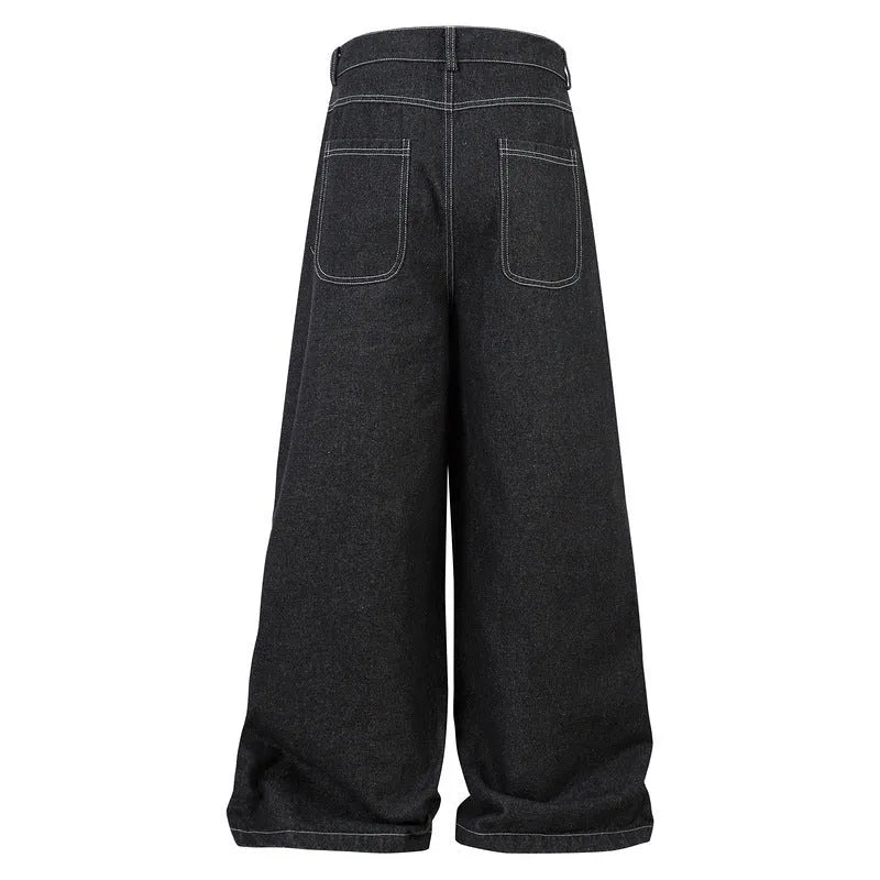 Black multi-pocket pleated workwear denim jeans with mid waist and zip placket