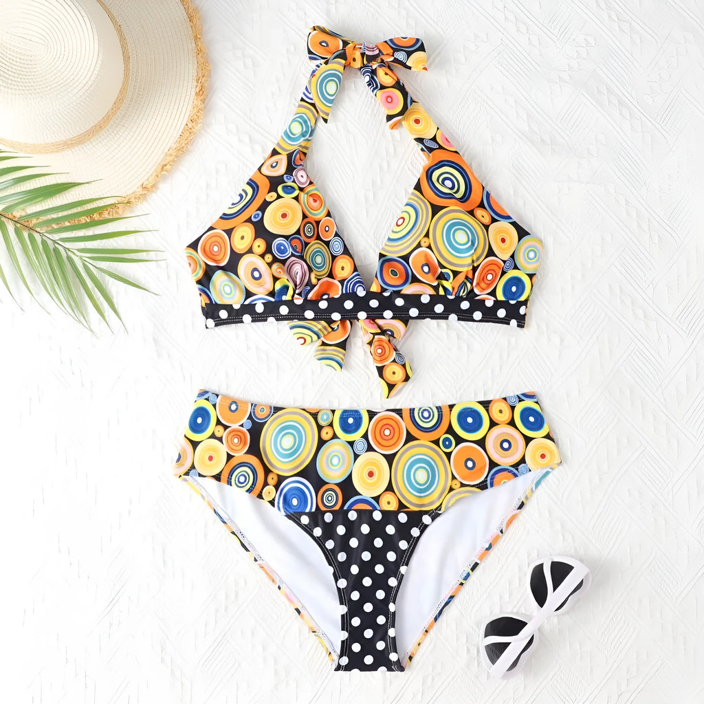 Women's printed high waist split bikini suit in floral pattern, polyester spandex, sizes S to 2XL