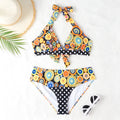 Women's printed high waist split bikini suit in floral pattern, polyester spandex, sizes S to 2XL