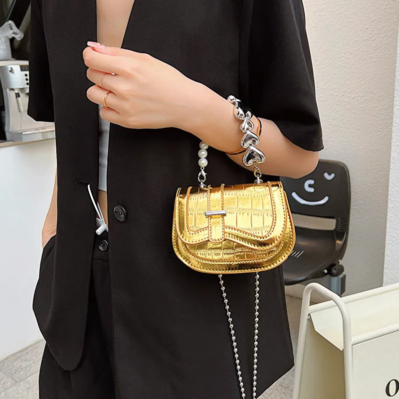 Women's laser pearl tote saddle crossbody bag in silver with street trend design