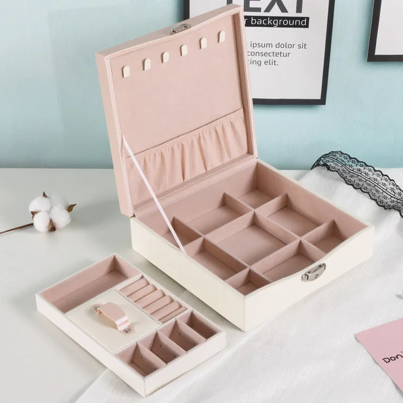 Red or white PU leather jewellery storage box with large capacity for necklace and ring organisation