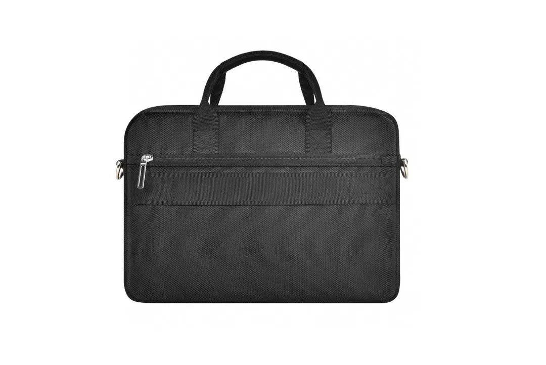 Black oxford cloth laptop backpack showing multiple pockets and a separate padded computer compartment.