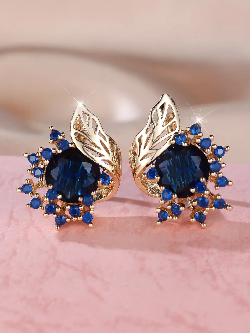 Round flower feather design zircon earrings in electroplated champagne gold with coloured stone options