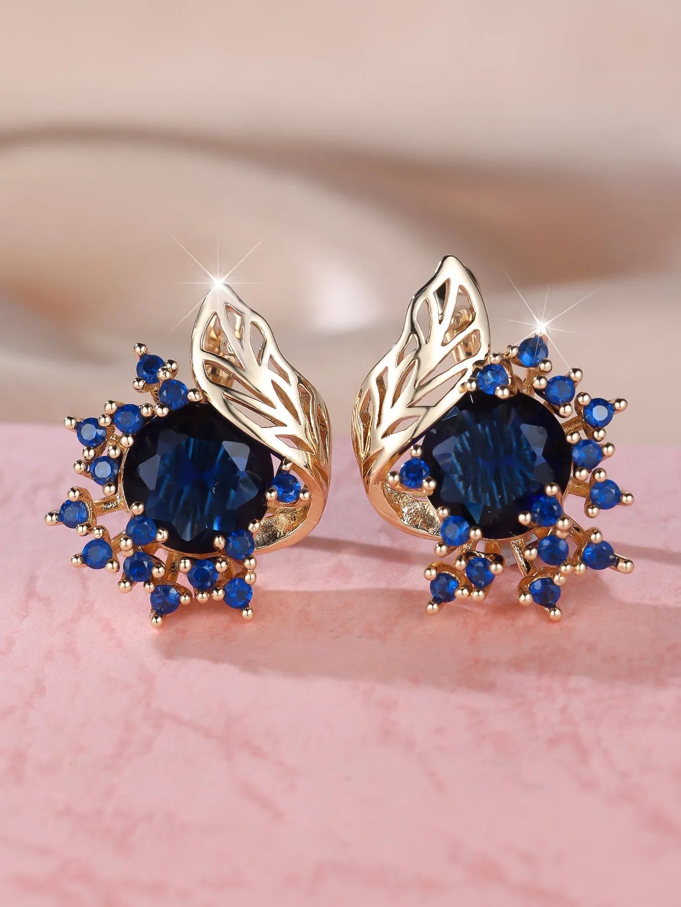 Round flower feather design zircon earrings in electroplated champagne gold with coloured stone options