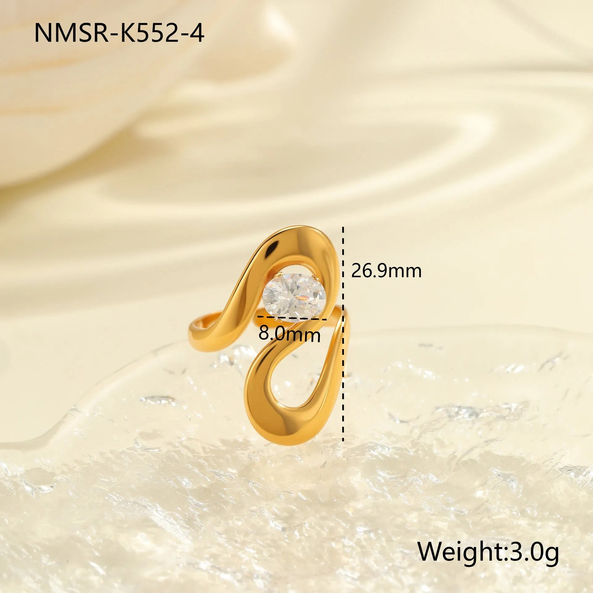 Geometric stainless steel zircon ring with open-mouth adjustable design on a hand.