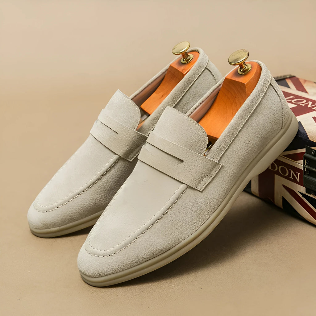 Men's leather slip-on casual shoe in beige with round toe and rubber sole