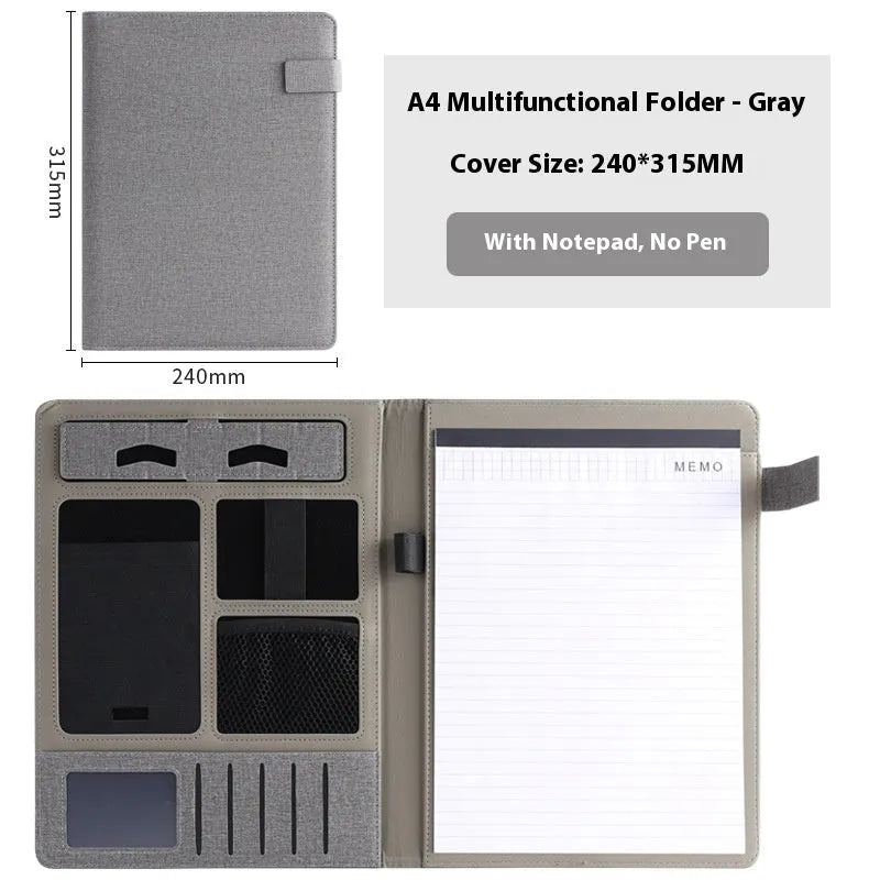 Leather A4 business folder in black showing document, pen, and notepad compartments