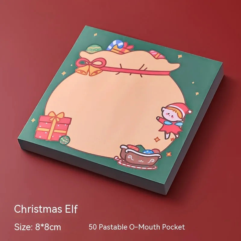 Christmas sticky notes pad with festive designs including elf, gift, sled, Santa Claus, bear, and snowman