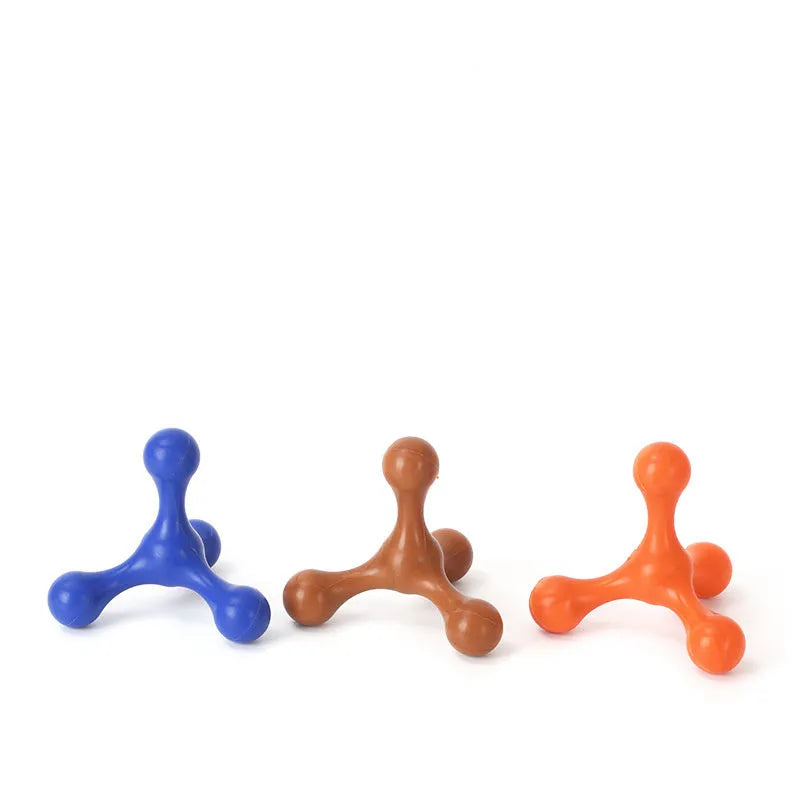 Silicone puppy chew toy with three legs in assorted colours for teething relief