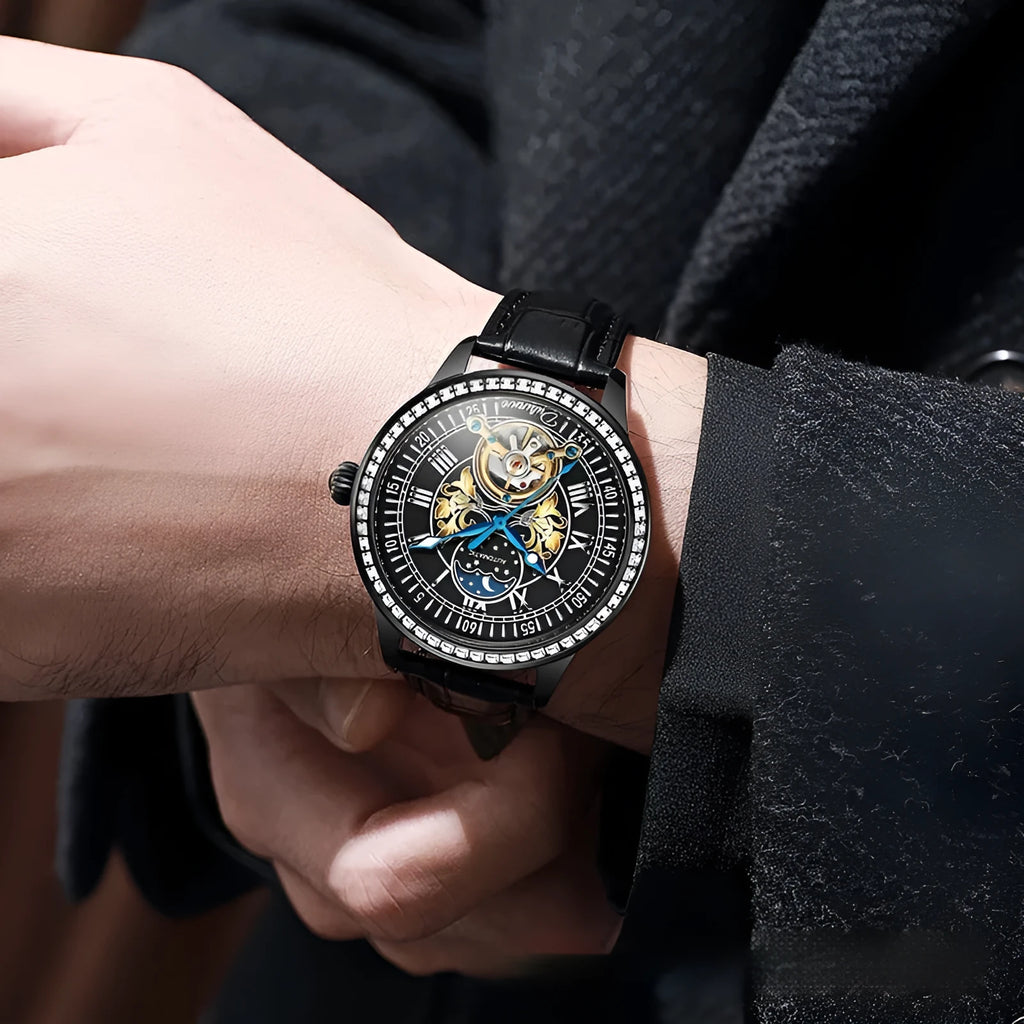 Men's mechanical waterproof watch with transparent case back showing movement and stainless steel butterfly buckle