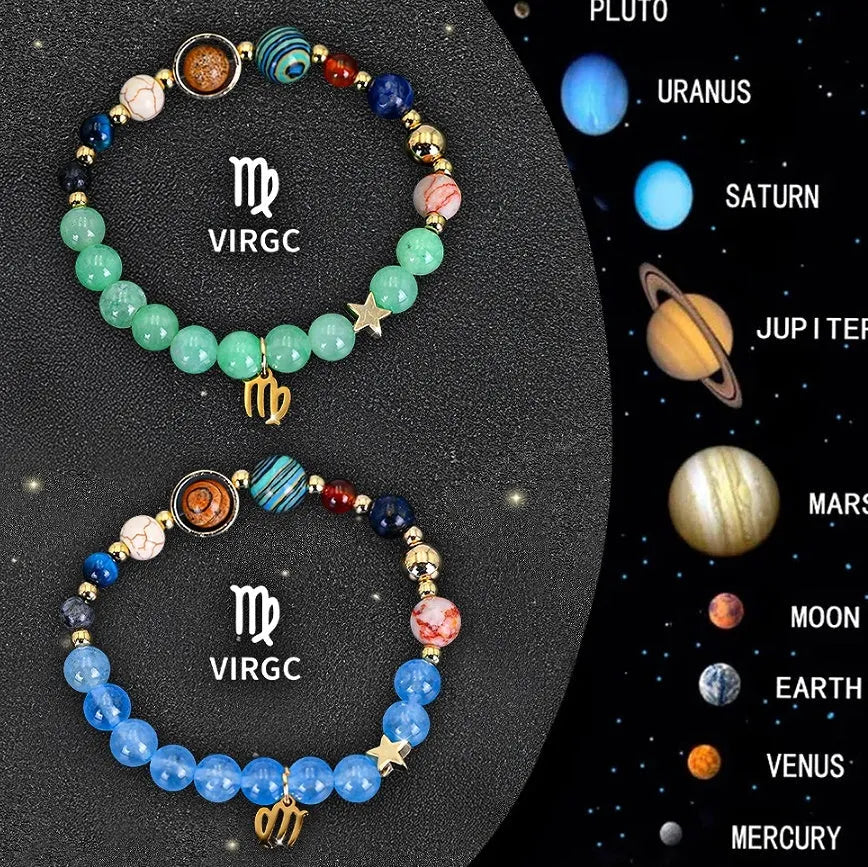 Natural stone beaded zodiac bracelets showing twelve animal signs on elastic cord