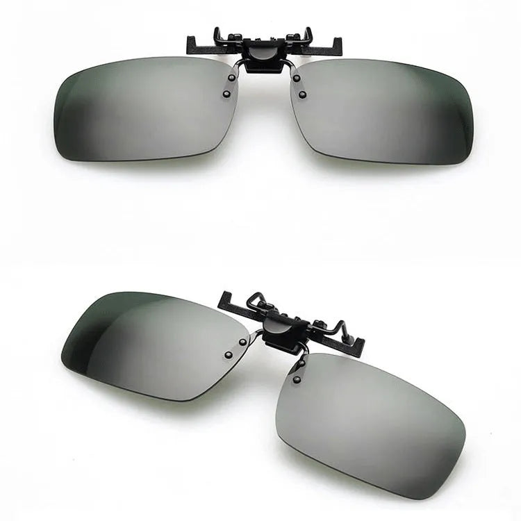 Myopia sunglasses clip in PC material for driving, shown in dark green, grey, and night vision lens options.