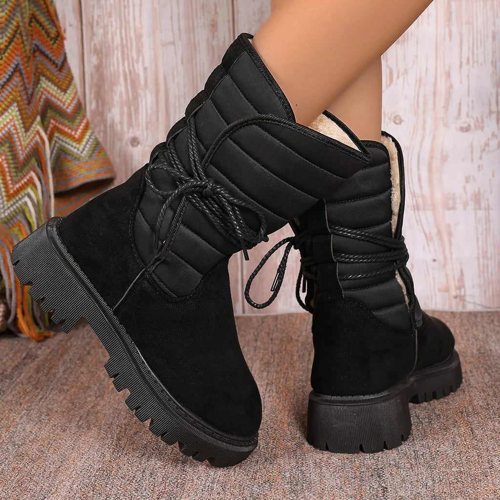 Women's chunky heel mid-tube snow boots in suede with fleece lining and lace-up design