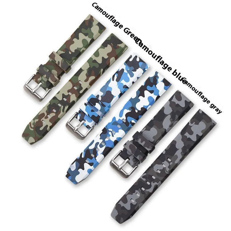 Green camouflage silicone watch strap showing 20mm lug width and buckle.