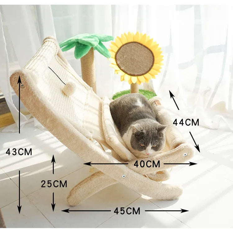 Pet cat sofa bed sunbathing chair with sisal and wood construction, beige with mat on back, for cats under 20 catties