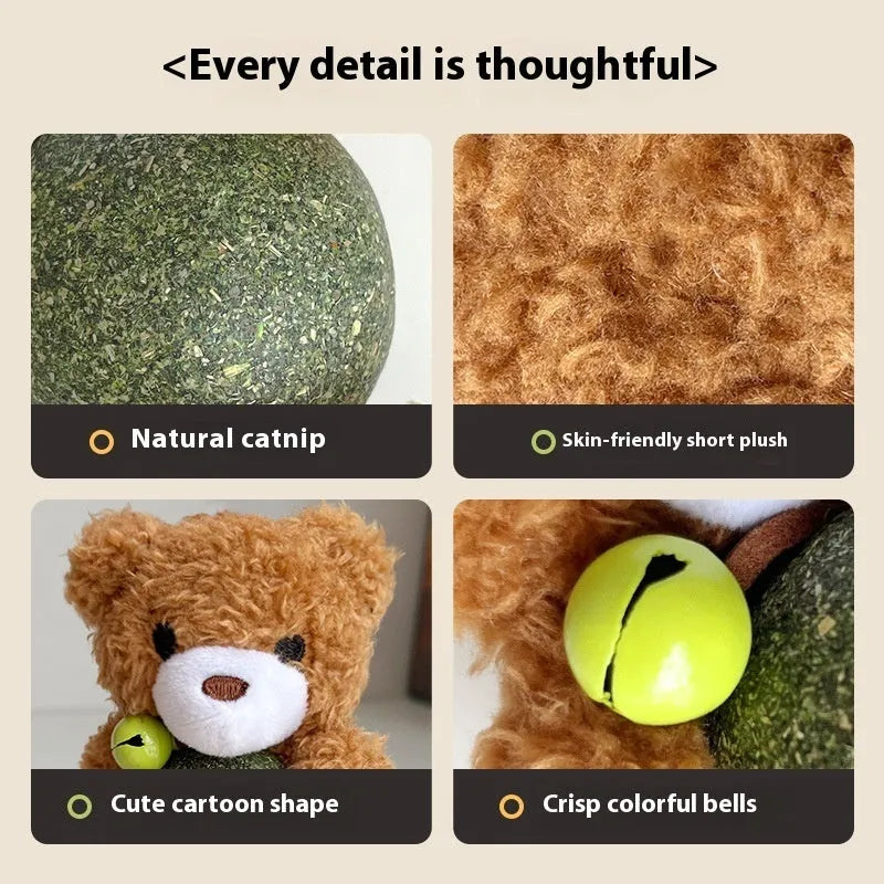 Plush catnip toy shaped like an animal with a bell, shown next to a 4cm mint ball for scale.