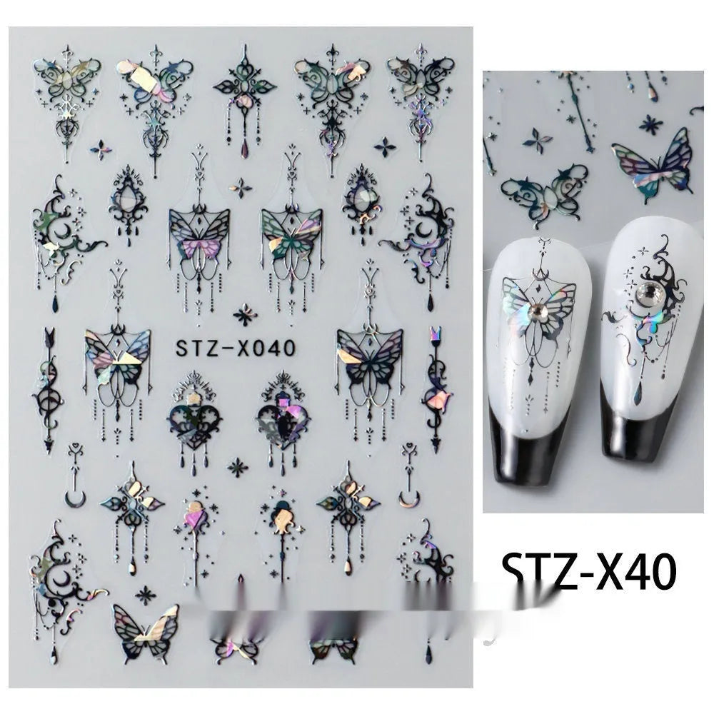 Sheet of black and silver strip nail art stickers with cartoon and love heart designs