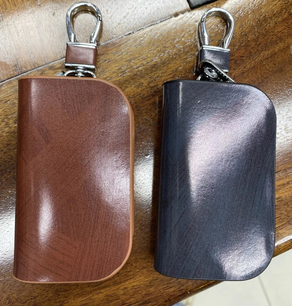 Genuine cowhide leather car key case with frosted finish and zipper closure